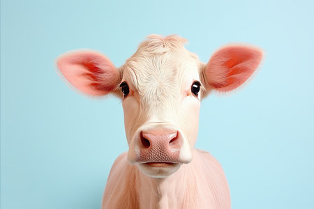 Styled happy dairy cattle isolated on pastel background for fashion shot with copy spaceの素材