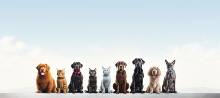 Assorted cats and dogs, big and small, isolated on white background with copy space, studio shotの素材