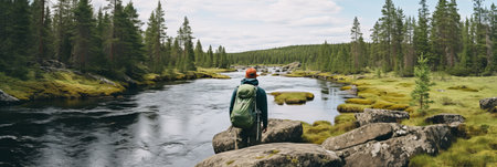 Blissful individual immersed in nature, embracing joy and adventure of a remarkable summer journey.の素材