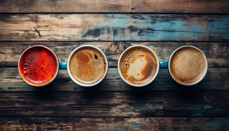 Assorted coffee mugs on wooden table, top view, ideal for coffee enthusiasts and cozy morningsの素材