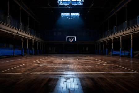 Title majestic and tranquil a mesmerizing empty basketball court illuminated in the darknessの素材
