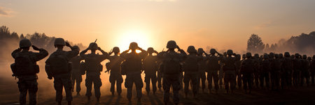 Patriotic us soldier saluting in honor of the us army, tribute to unrecognizable troopsの素材