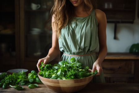 Unrecognizable woman cooking healthy food in kitchen for dieting and healthy lifestyle.の素材