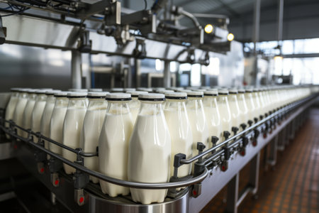 Filling milk or yogurt into plastic bottles at dairy factory   equipment at dairy plantの素材
