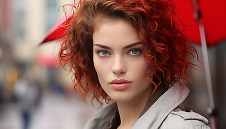 Stunning woman with red umbrella in the rain, copy space available for your design or textの素材