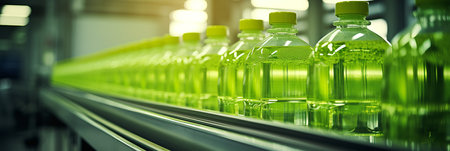 Beverage filling process in action glass bottles being filled at a factory with advanced equipmentの素材
