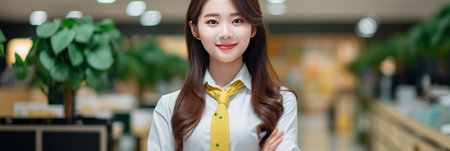 Friendly asian shop worker in a well stocked supermarket, ready to assist customers with groceriesの素材