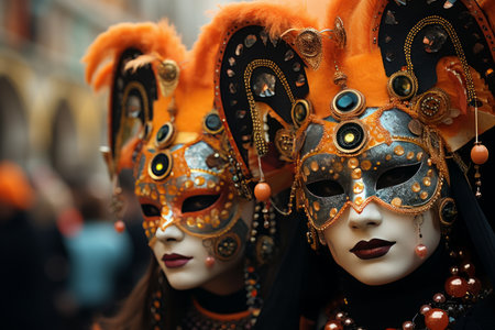 Extravagant masquerade ball at venice carnival with elaborate masks and opulent costumesの素材