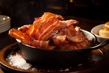 Scrumptious fried egg with crispy bacon in pan, top view breakfast delight on a sunny morningの素材
