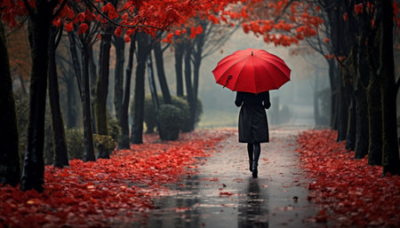 Fashionable woman with red umbrella in the rain, perfect copy space for your message or designの素材