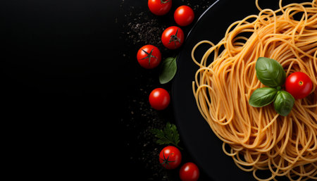Delicious italian spaghetti pasta on dark plate with copy space for text placement   top viewの素材