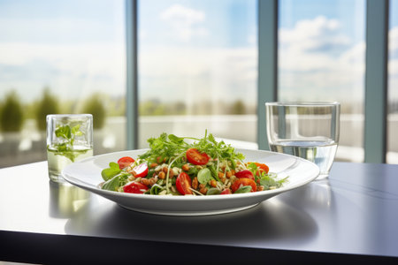 Fresh and vibrant salad with an assortment of vegetables, fruits, and greens on a white plateの素材