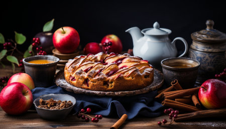 Delicious homemade apple pie with fresh apples and a golden crust on a rustic wooden backgroundの素材