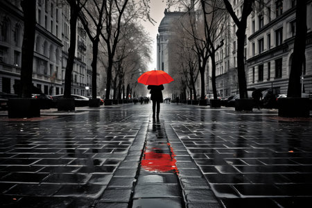 Beautiful young woman with red umbrella standing in the rain, empty copy space for text or designの素材