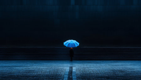 Fashionable young man with dark blue umbrella in the rain, ideal for copy space and creative designsの素材