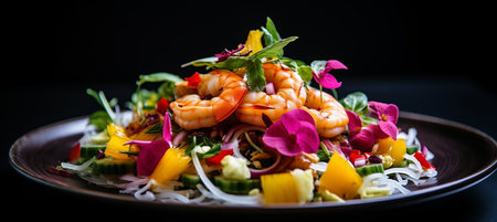 Delicious spicy thai seafood salad on black plate with pastel background and copy spaceの素材