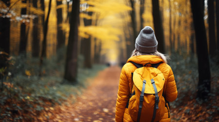 Serene autumn forest hike trail with a hiker woman walking amidst vibrant fall foliageの素材
