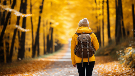 Active hiker woman enjoying scenic forest hike on a vibrant autumn trail in the fall seasonの素材