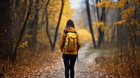 Hiker woman walking on forest hike trail in autumn fall nature background, active lifestyleの素材