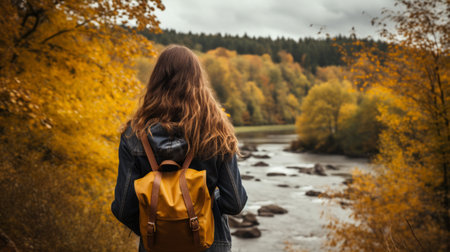 Hiker woman on autumn forest trail in fall nature backgroundactive lifestyle with hiking companions.の素材