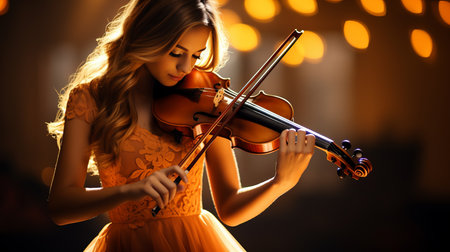 Passionate female musician playing violin with intricate detail and artist s expressionの素材