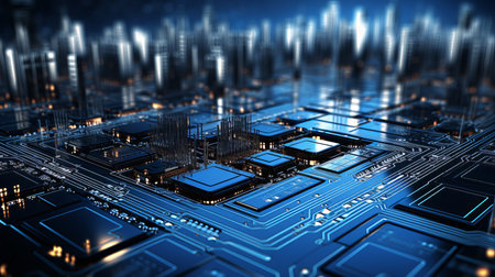 Clear cybernetic circuit background with empty space for futuristic technology designの素材