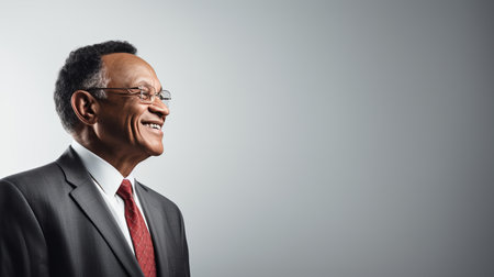 Senior african american businessman in formal wear and eyeglasses isolated on grey studio shotの素材