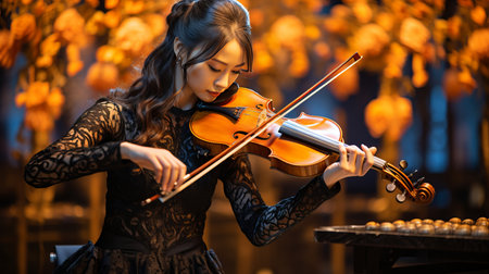 Passionate female musician playing violin with intricate details and emotional expressionの素材