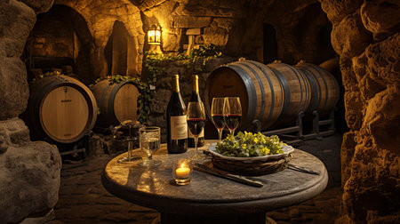 Luxurious wine cellar interior with rows of exquisite wine bottles and crystal wine glassesの素材