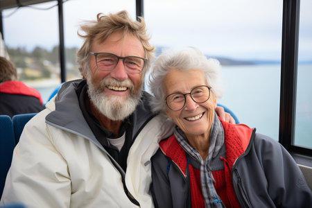 Happy senior couple traveling by bus with blurred background   copy space available for textの素材
