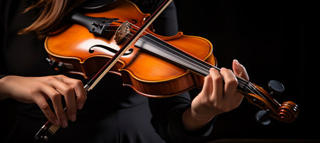 Passionate female musician playing violin, showcasing instrument details and expressionの素材