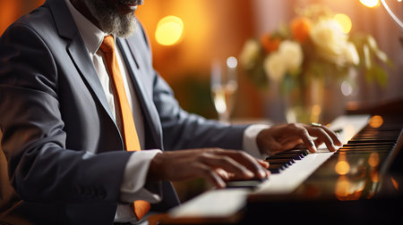 Keyboardist performing on blurred defocused background with copy space for text placementの素材