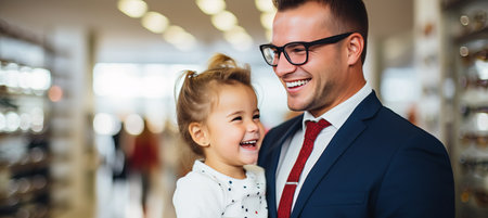 Smiling girl trying on glasses with oculist in optics store, blurred mother in backgroundの素材