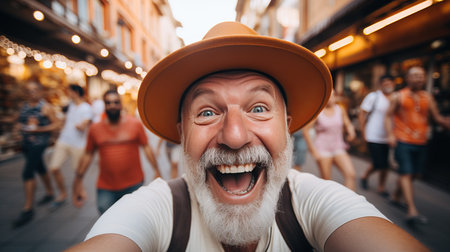 Happy man capturing a travel selfie with stylish hat and sunglasses on blurred backgroundの素材