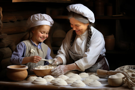 Elderly grandma and grandchild bonding over the joy of baking homemade pastries togetherの素材