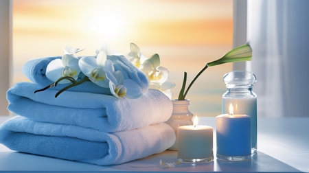 Relaxing and Serene Spa Area with Soft Blue-Colored Towels in Gentle Illuminationの素材