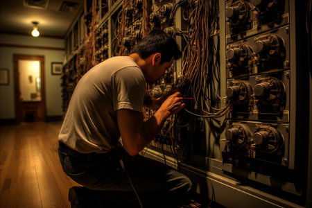 Experienced electrician using a flashlight to inspect the switchboard during a power outageの素材