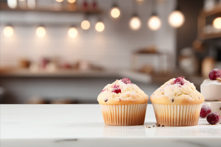 Homemade cranberry orange muffins on blurred background with copy space for text placementの素材