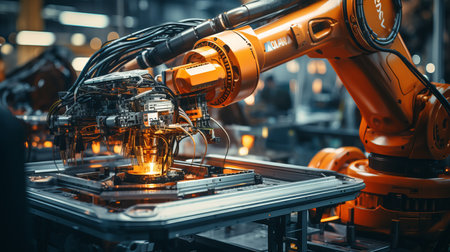 Automated assembly line for electric vehicles with robot arms and welding in industrial facilityの素材
