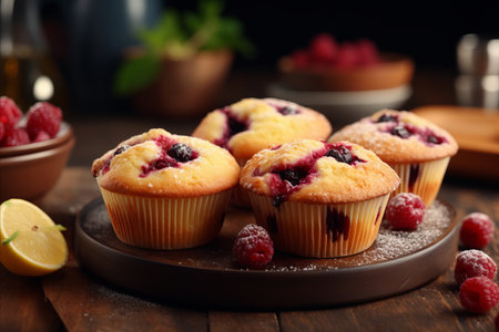 Delicious homemade raspberry muffins in a cozy kitchen, with a blurred background and text spaceの素材