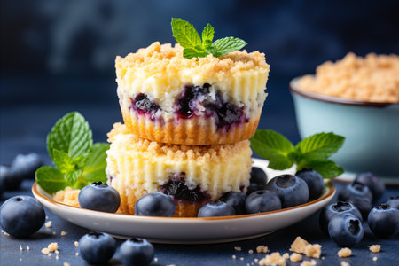 Homemade blueberry muffins on defocused background, a delightful dessert concept for your cravingsの素材