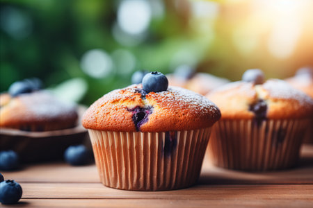 Delicious blueberry muffins as dessert concept in cozy kitchen with blurred background and text areaの素材