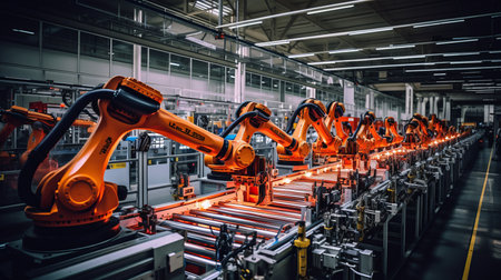 Green energy electric vehicle assembly line with robotic arms and welding technology.の素材