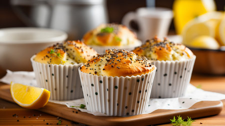Delicious homemade lemon poppy seed muffins with blurred kitchen background and copy spaceの素材
