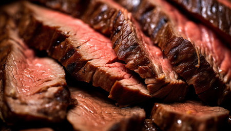 Close up of succulent, juicy ribeye steak slices tempting tenderness and rich flavorsの素材
