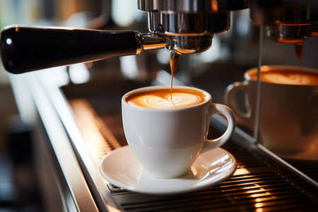Aromatic Coffee Brewing. Close-Up of Professional Coffee Machine Pouring Fresh Coffee into White Mugの素材