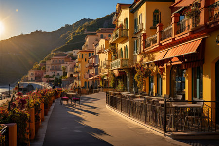 Charming coastal promenade  sun soaked dining and leisurely activities in a vibrant settingの素材
