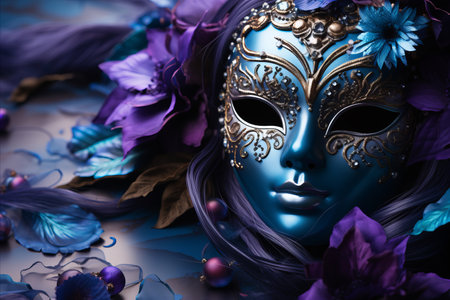 Vibrant carnival mask on solid background with text space for creative messaging and placementの素材