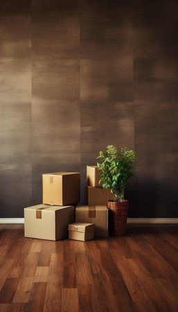 Moving to new home  donation concept   stack of cardboard boxes with cat in empty boxの素材