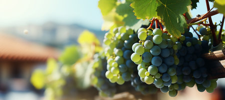 Golden sunlight on grapevines in a picturesque vineyard, ideal for wine products or promotionsの素材